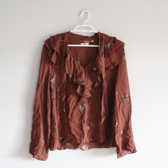 Little Moon Aritzia Ruffled V-Neck Sheer Lrg Floral Cinched Tie Front Blouse - Picture 1 of 12